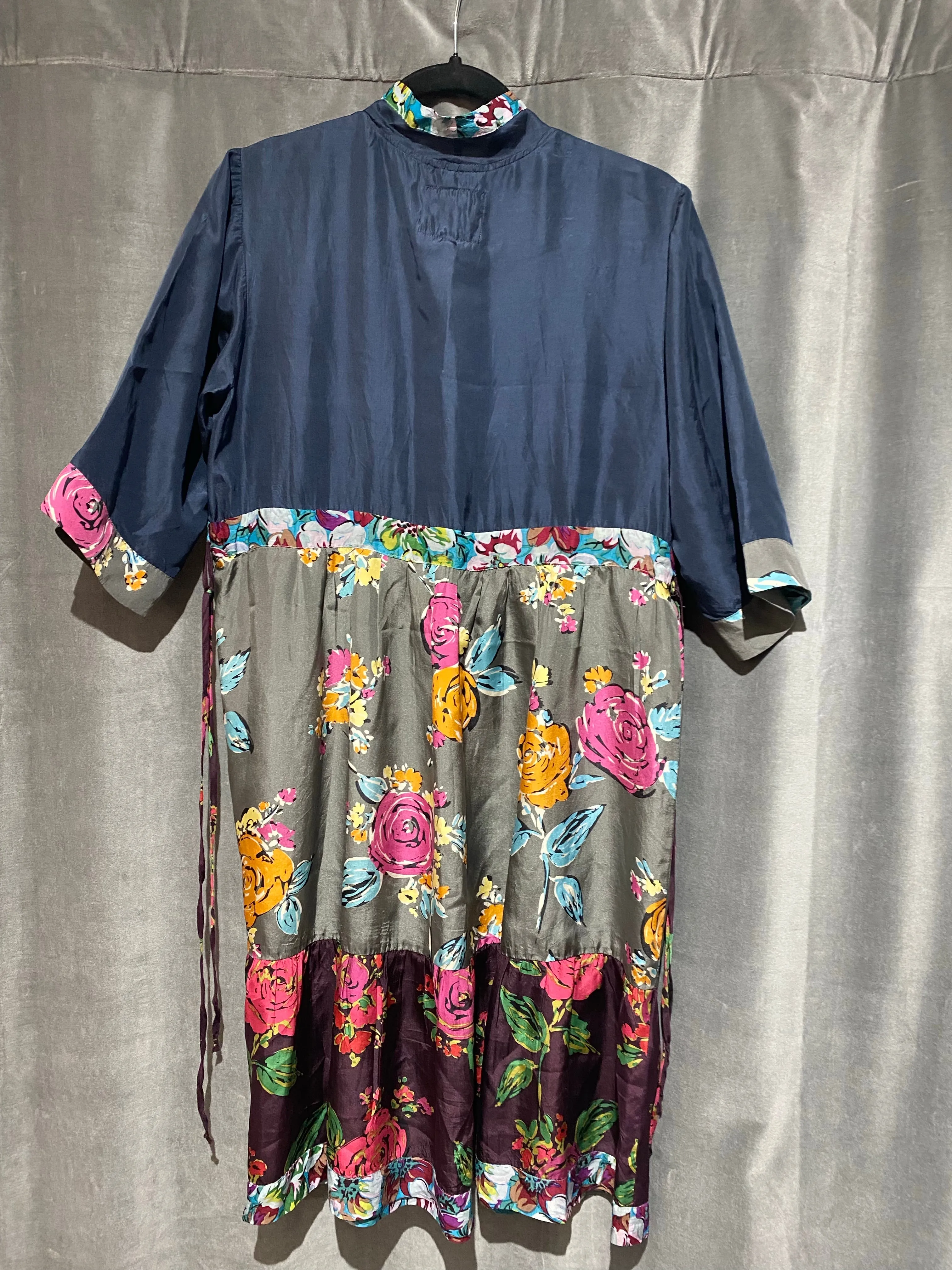 Johnny Was Navy Long Sleeve Floral Silk Dress with Embroidered Flowers