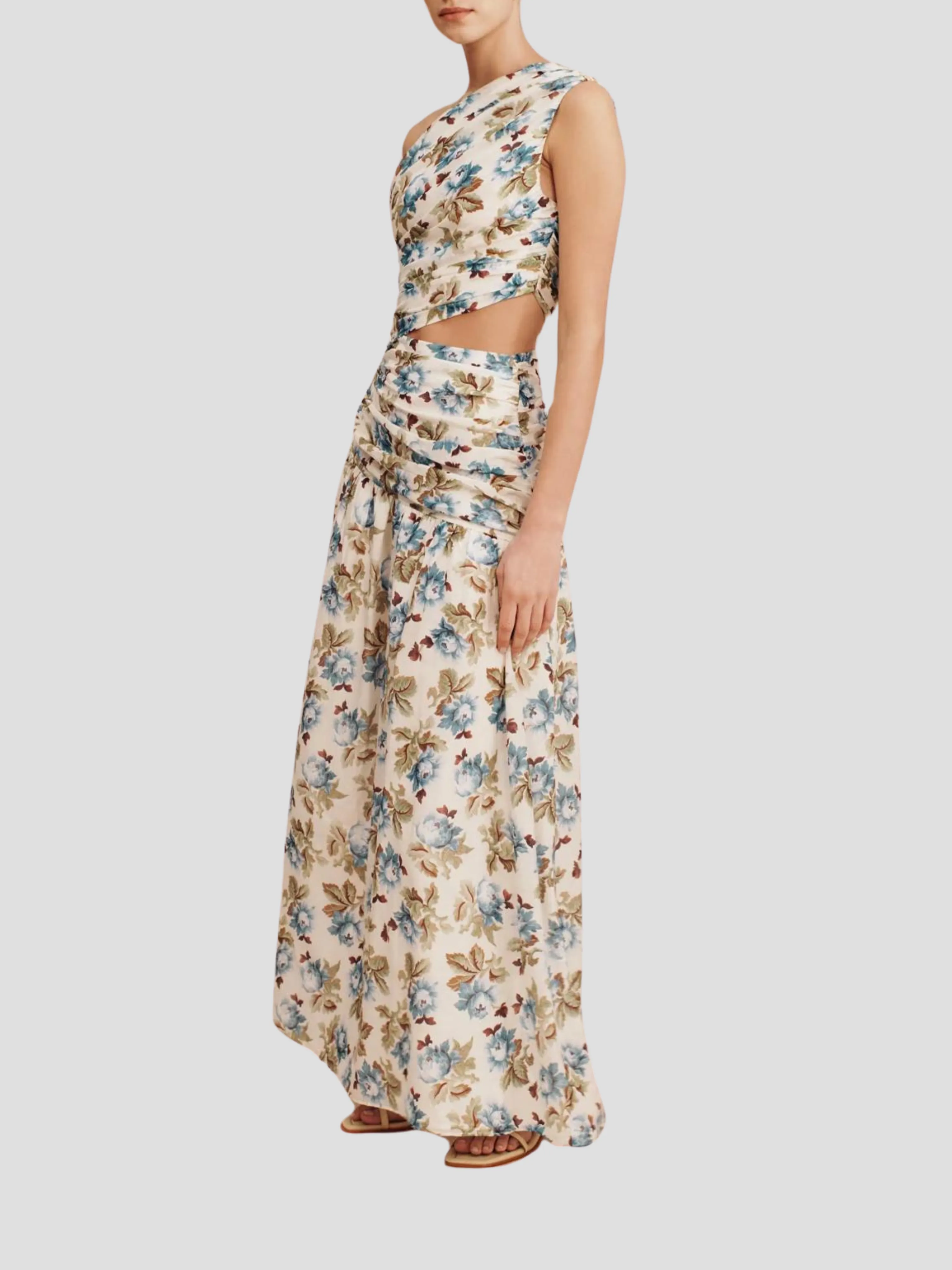 Joslin One-Shoulder Floral Silk Dress