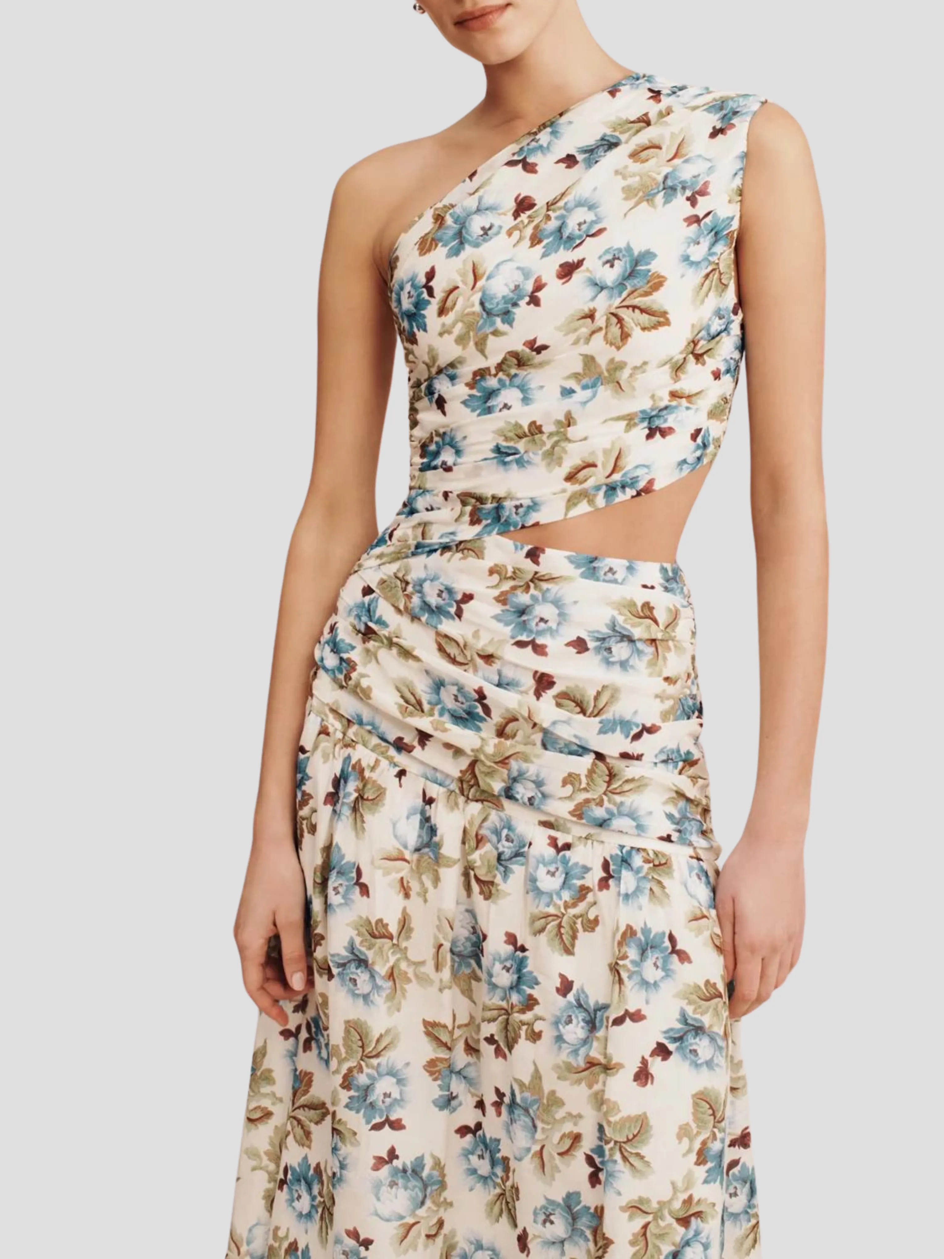 Joslin One-Shoulder Floral Silk Dress