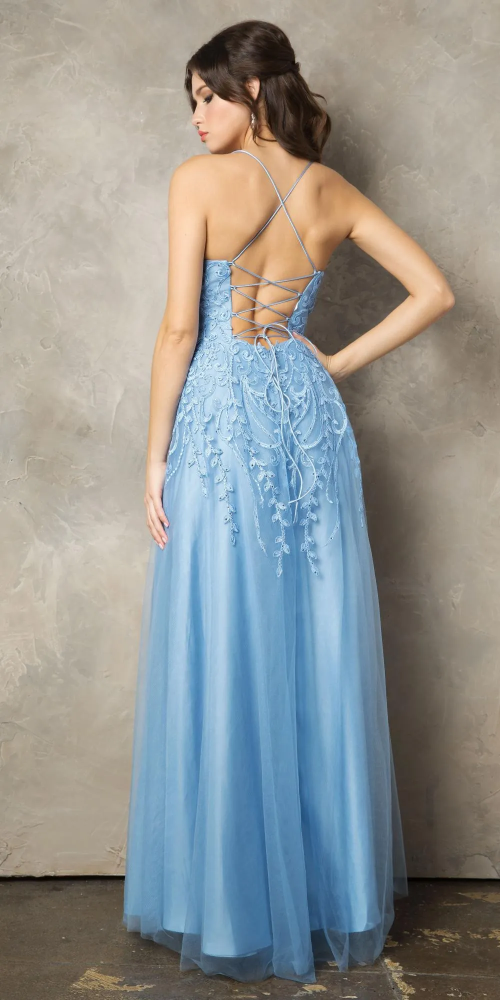Juno 936 Lace-Up Back A-Line Long Prom Dress with Slit