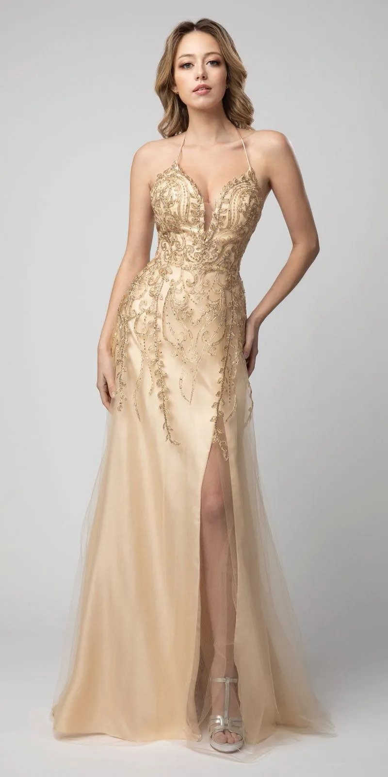 Juno 936 Lace-Up Back A-Line Long Prom Dress with Slit