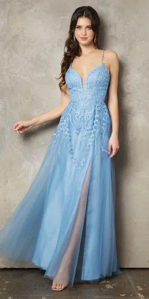 Juno 936 Lace-Up Back A-Line Long Prom Dress with Slit