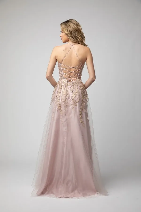 Juno 936 Lace-Up Back A-Line Long Prom Dress with Slit