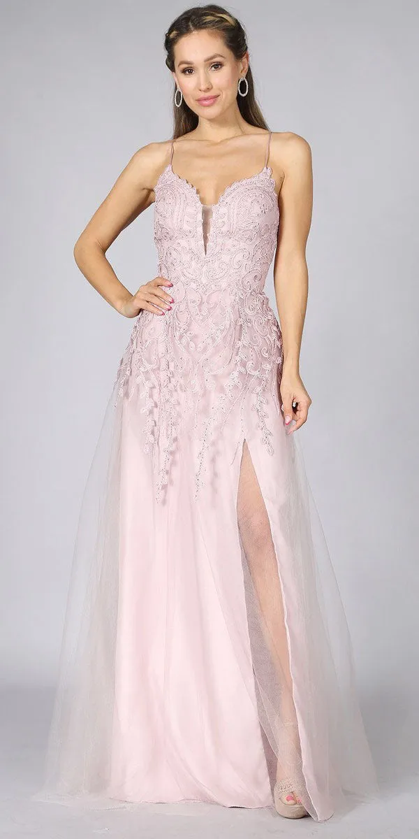 Juno 936 Lace-Up Back A-Line Long Prom Dress with Slit