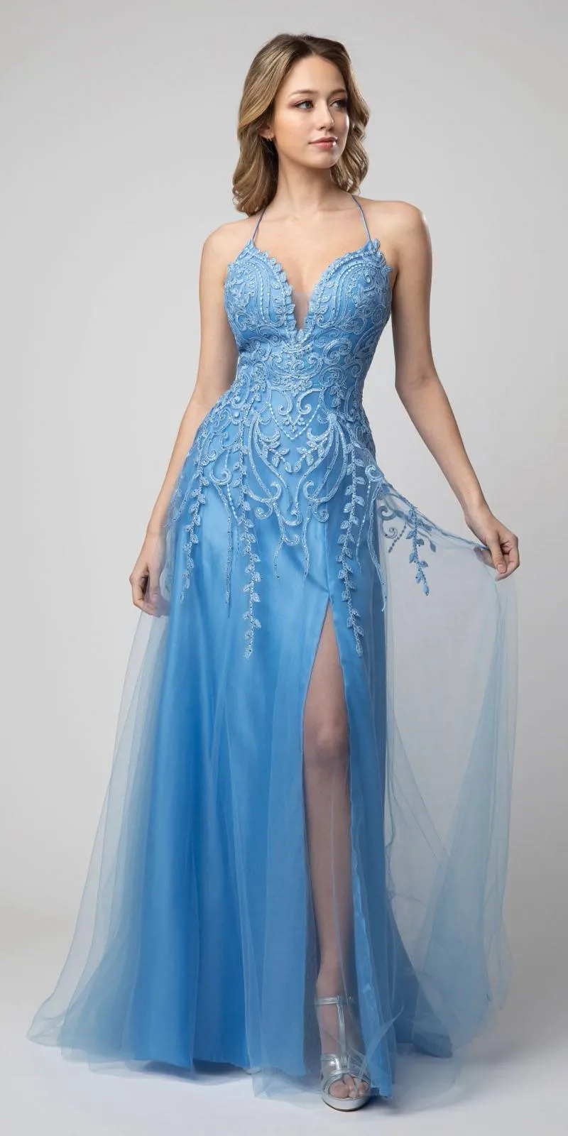 Juno 936 Lace-Up Back A-Line Long Prom Dress with Slit