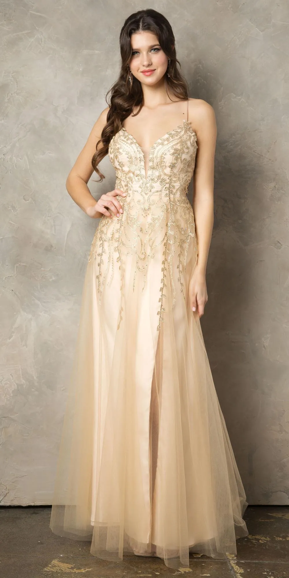 Juno 936 Lace-Up Back A-Line Long Prom Dress with Slit