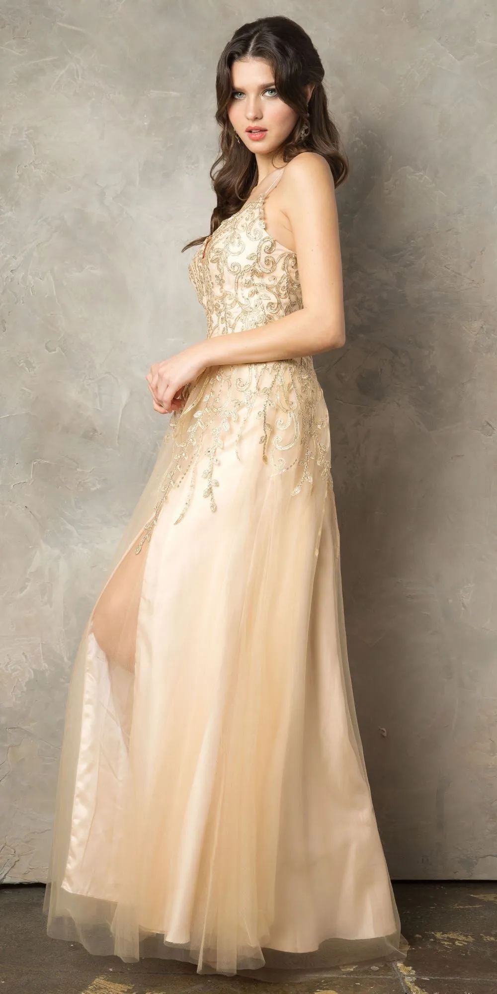 Juno 936 Lace-Up Back A-Line Long Prom Dress with Slit