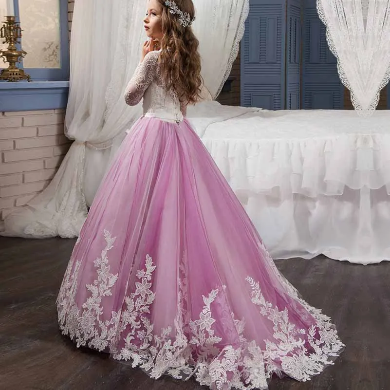 Kids Long Sleeves Sweep Train Princess Pageant Gowns Flower Girls Dresses