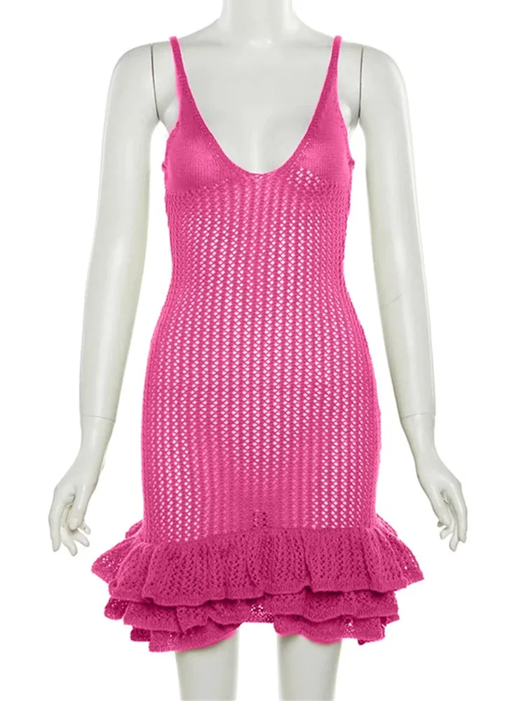 Knit See Through Pleated Hem Deep v-Neck Backless Dress