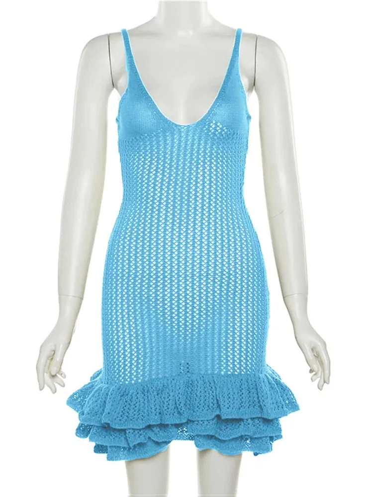 Knit See Through Pleated Hem Deep v-Neck Backless Dress