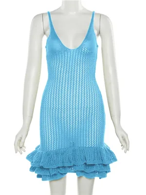 Knit See Through Pleated Hem Deep v-Neck Backless Dress