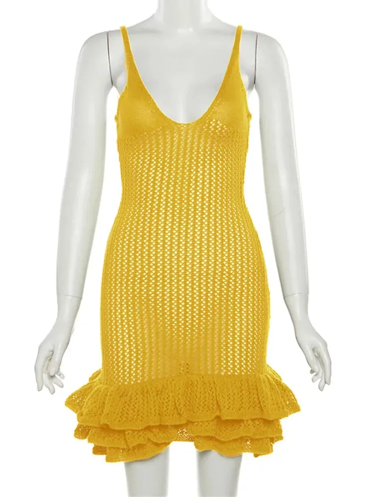 Knit See Through Pleated Hem Deep v-Neck Backless Dress