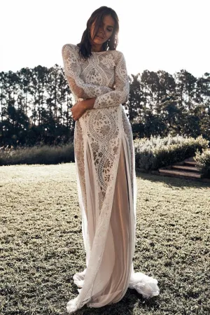 Lace Long Sleeves Boho Wedding Dresses with Open Back
