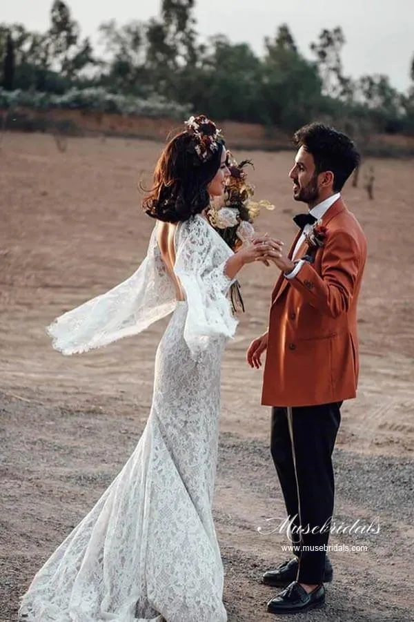 Lace Mermaid Backless Long Sleeves Rustic Wedding Dresses, Bridal Gown, MW964
