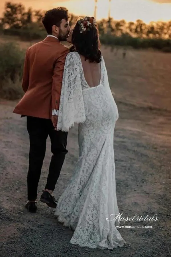 Lace Mermaid Backless Long Sleeves Rustic Wedding Dresses, Bridal Gown, MW964
