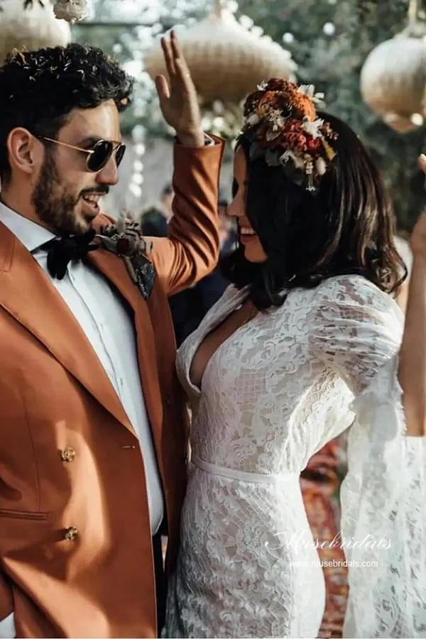Lace Mermaid Backless Long Sleeves Rustic Wedding Dresses, Bridal Gown, MW964