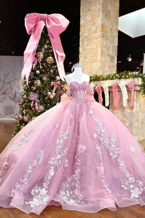Lace Up Back Tulle Pink Quinceanera Dress with Lace Appliques