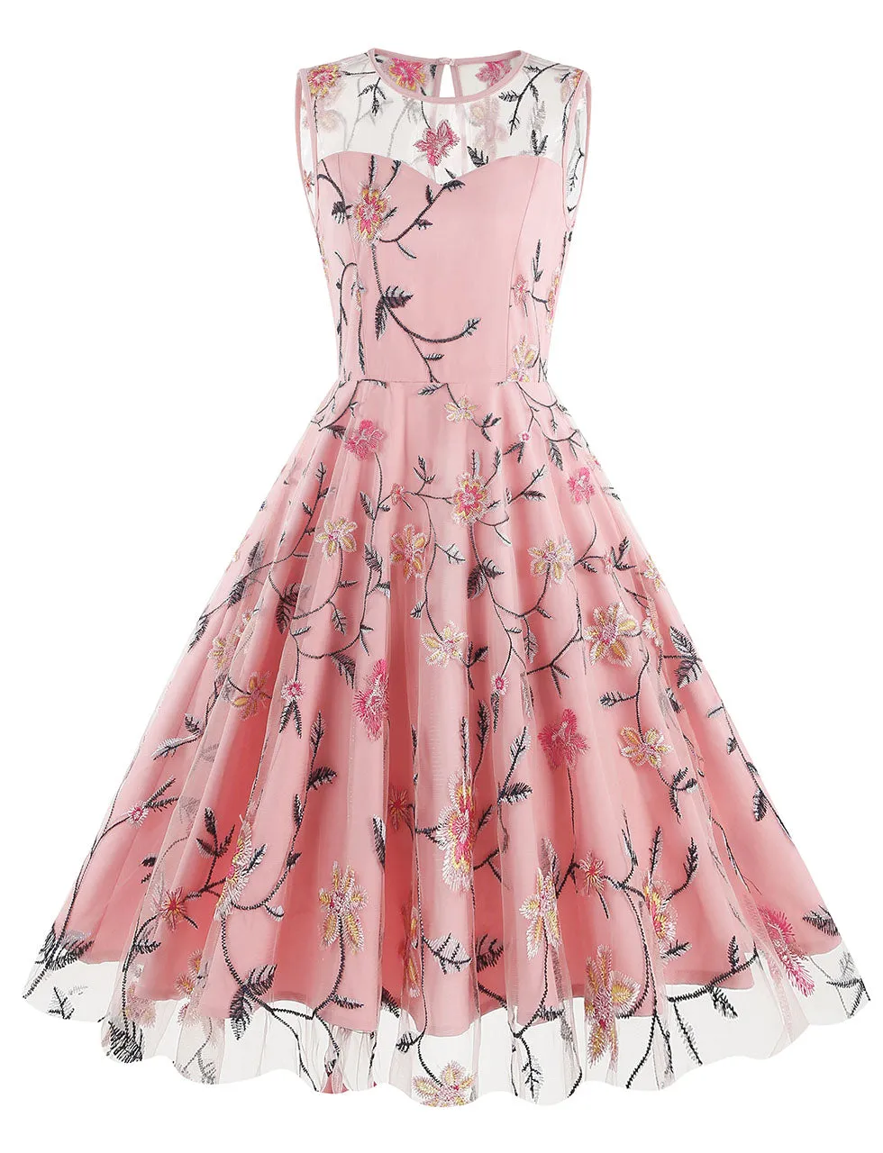 Lake Blue Semi Mesh Rose Embroidered Sleeveless 50S Swing Dress