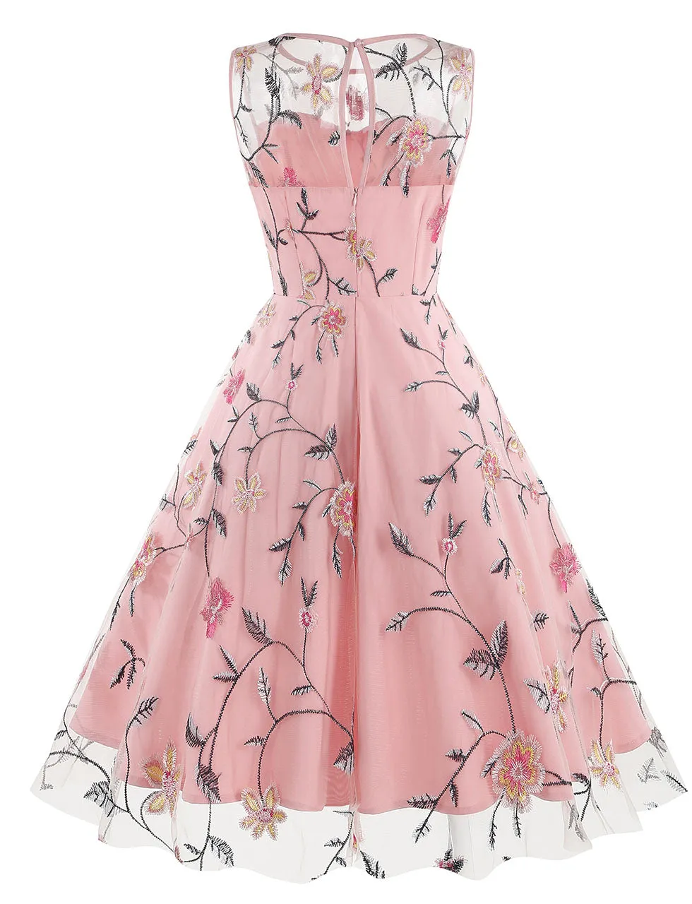 Lake Blue Semi Mesh Rose Embroidered Sleeveless 50S Swing Dress