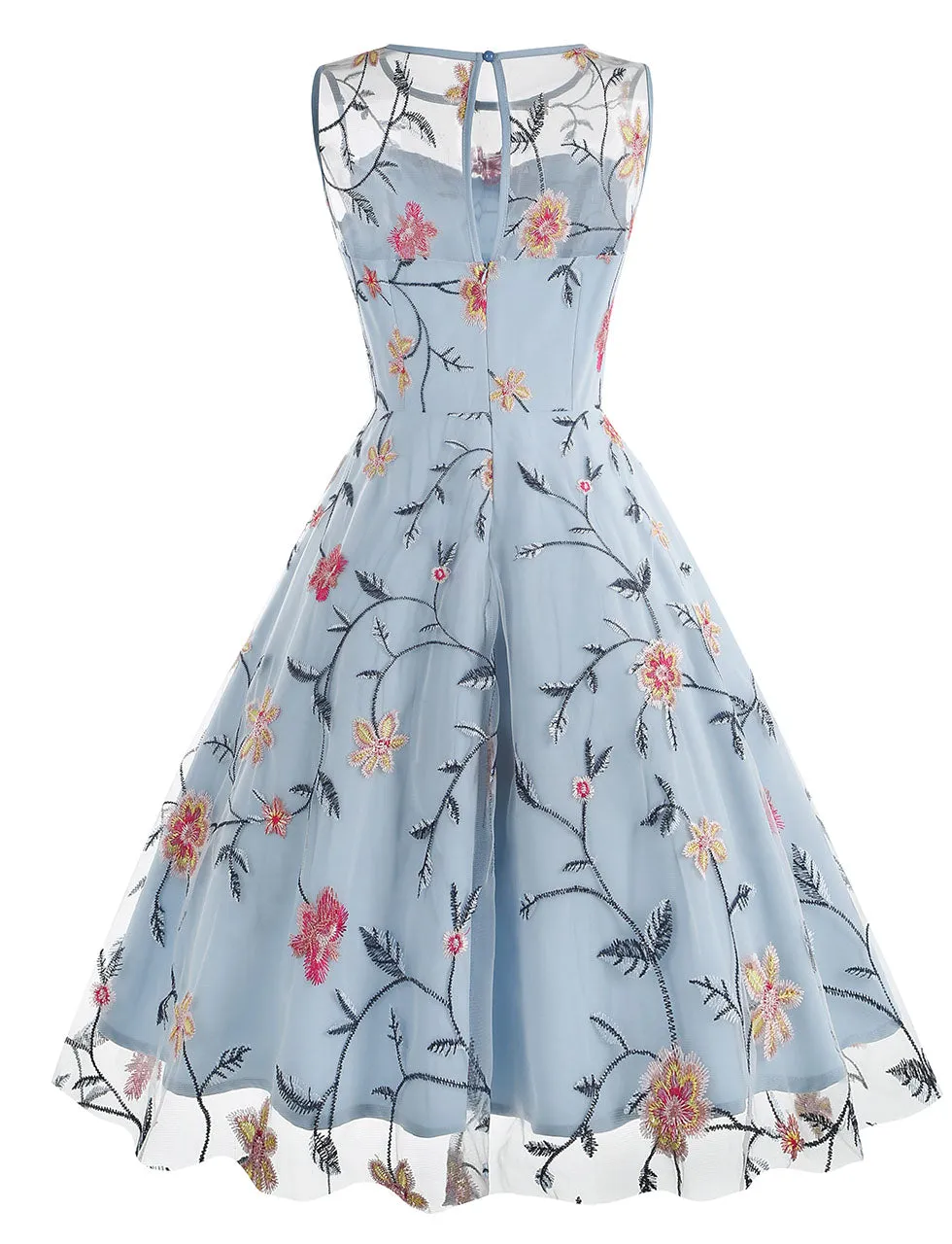 Lake Blue Semi Mesh Rose Embroidered Sleeveless 50S Swing Dress