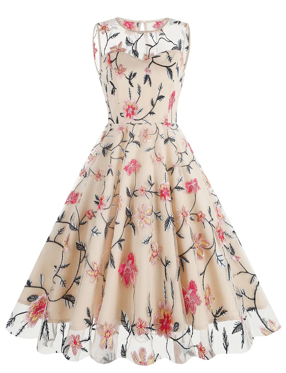 Lake Blue Semi Mesh Rose Embroidered Sleeveless 50S Swing Dress