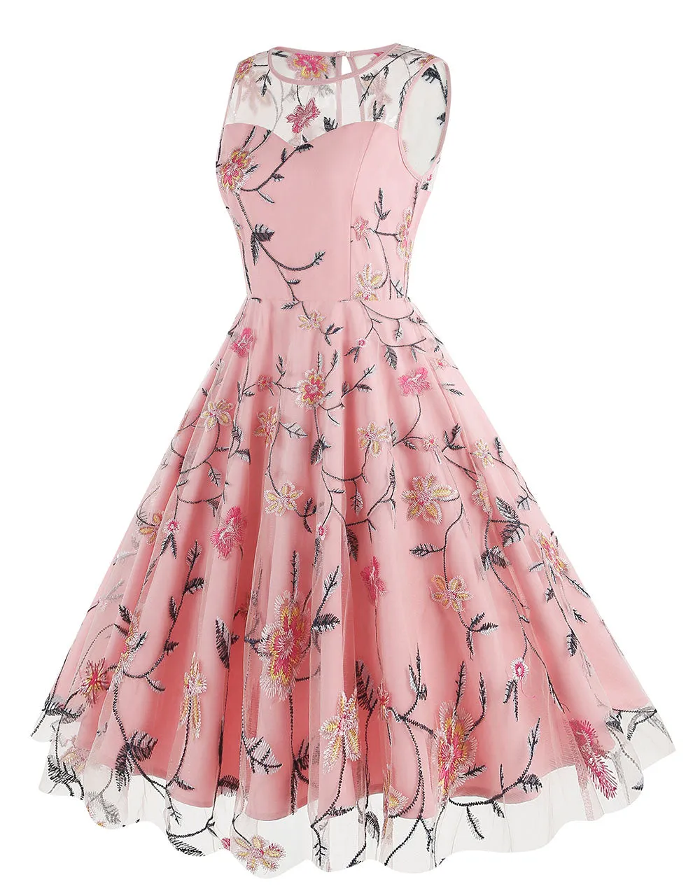 Lake Blue Semi Mesh Rose Embroidered Sleeveless 50S Swing Dress