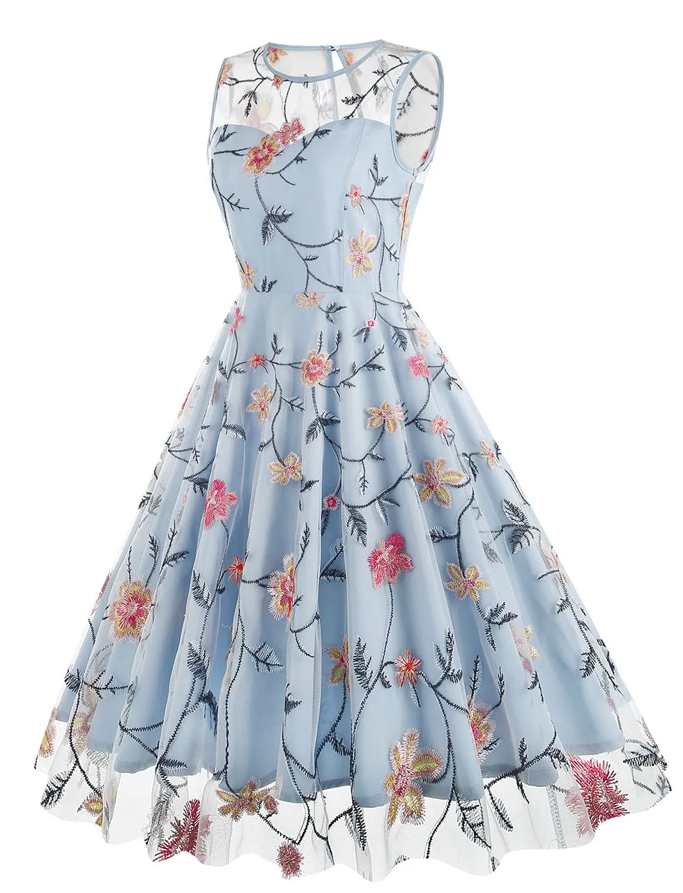 Lake Blue Semi Mesh Rose Embroidered Sleeveless 50S Swing Dress