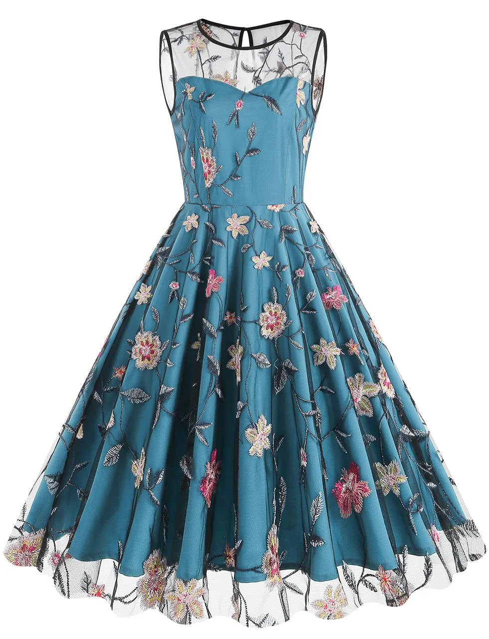 Lake Blue Semi Mesh Rose Embroidered Sleeveless 50S Swing Dress