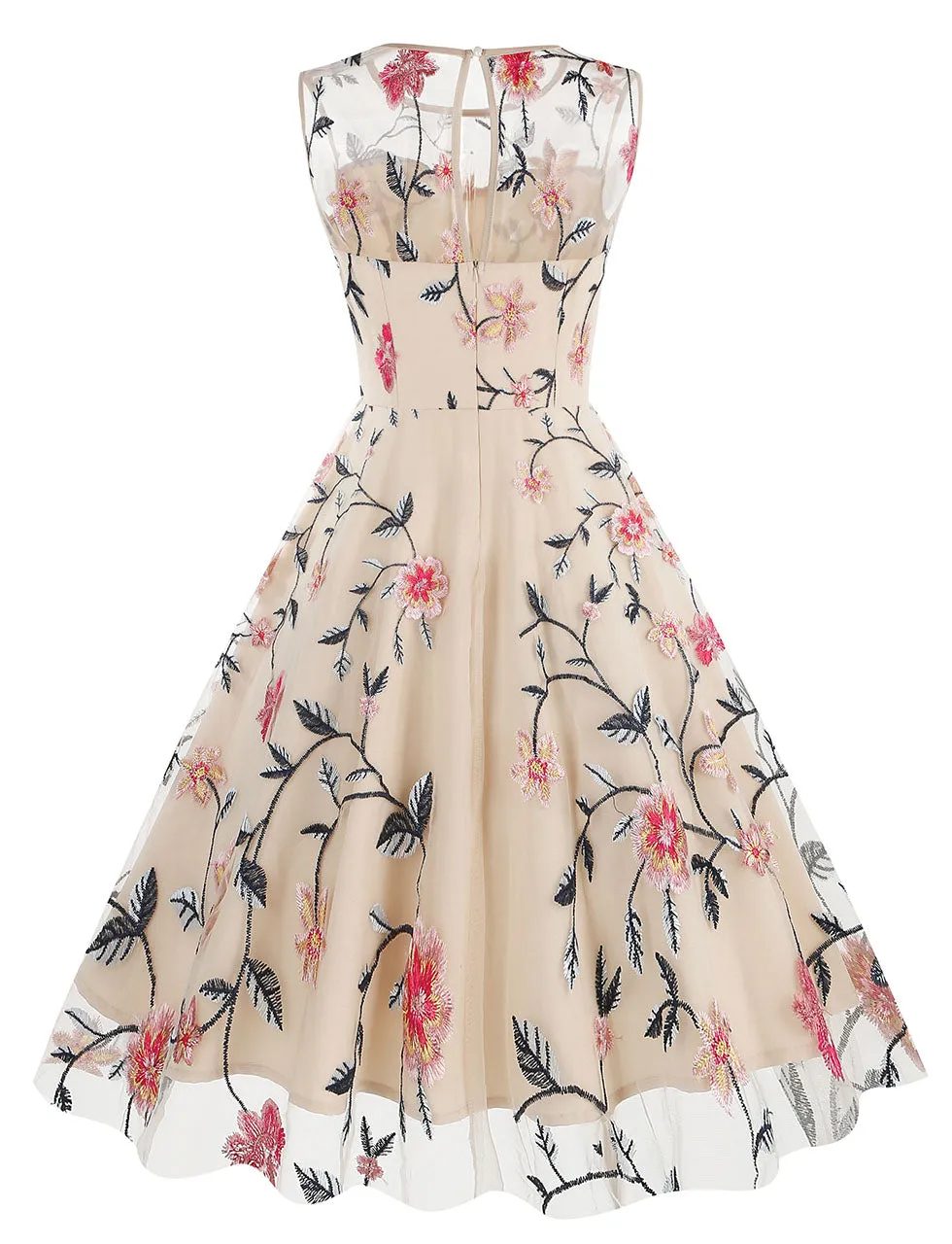 Lake Blue Semi Mesh Rose Embroidered Sleeveless 50S Swing Dress