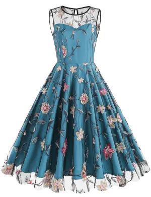 Lake Blue Semi Mesh Rose Embroidered Sleeveless 50S Swing Dress