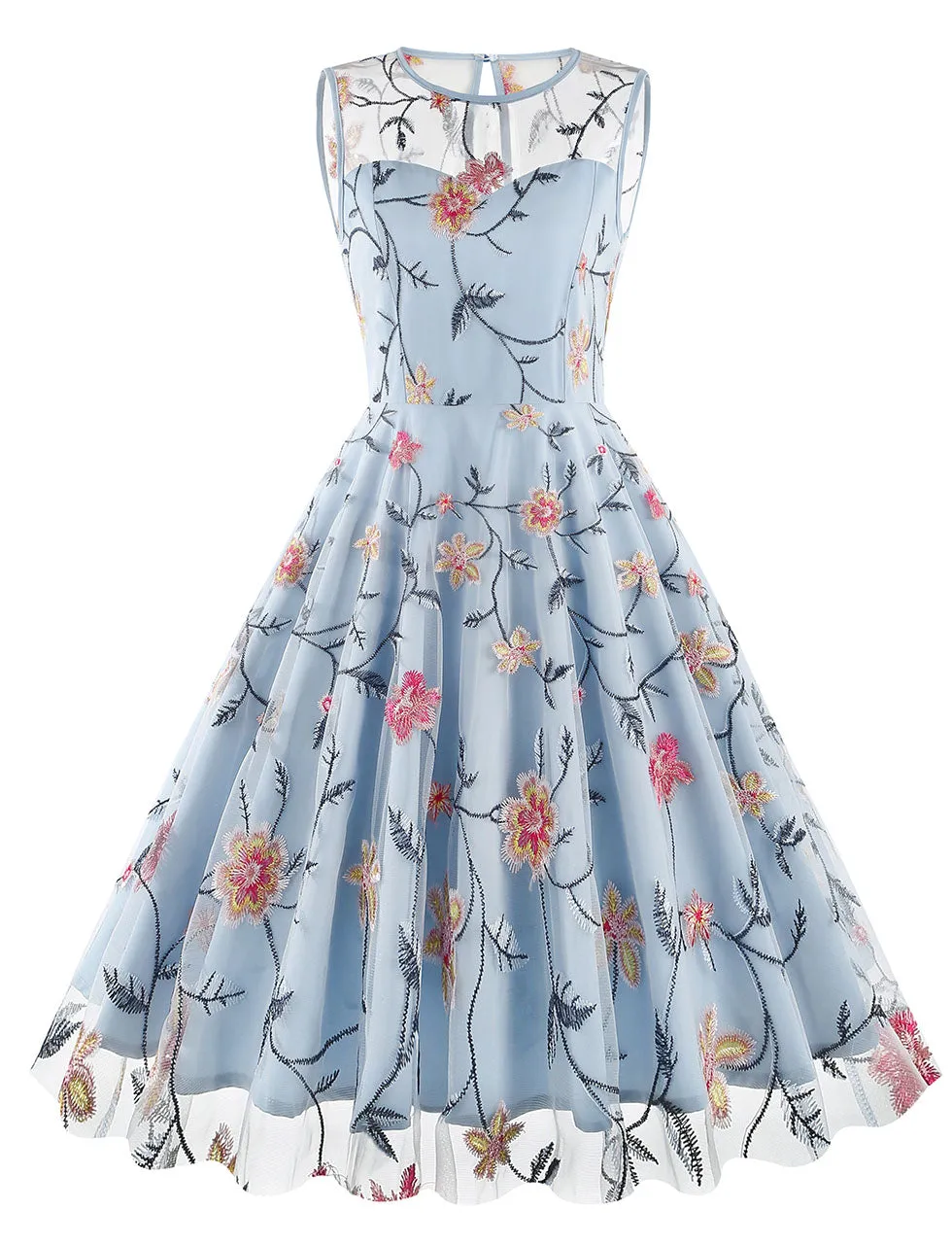 Lake Blue Semi Mesh Rose Embroidered Sleeveless 50S Swing Dress