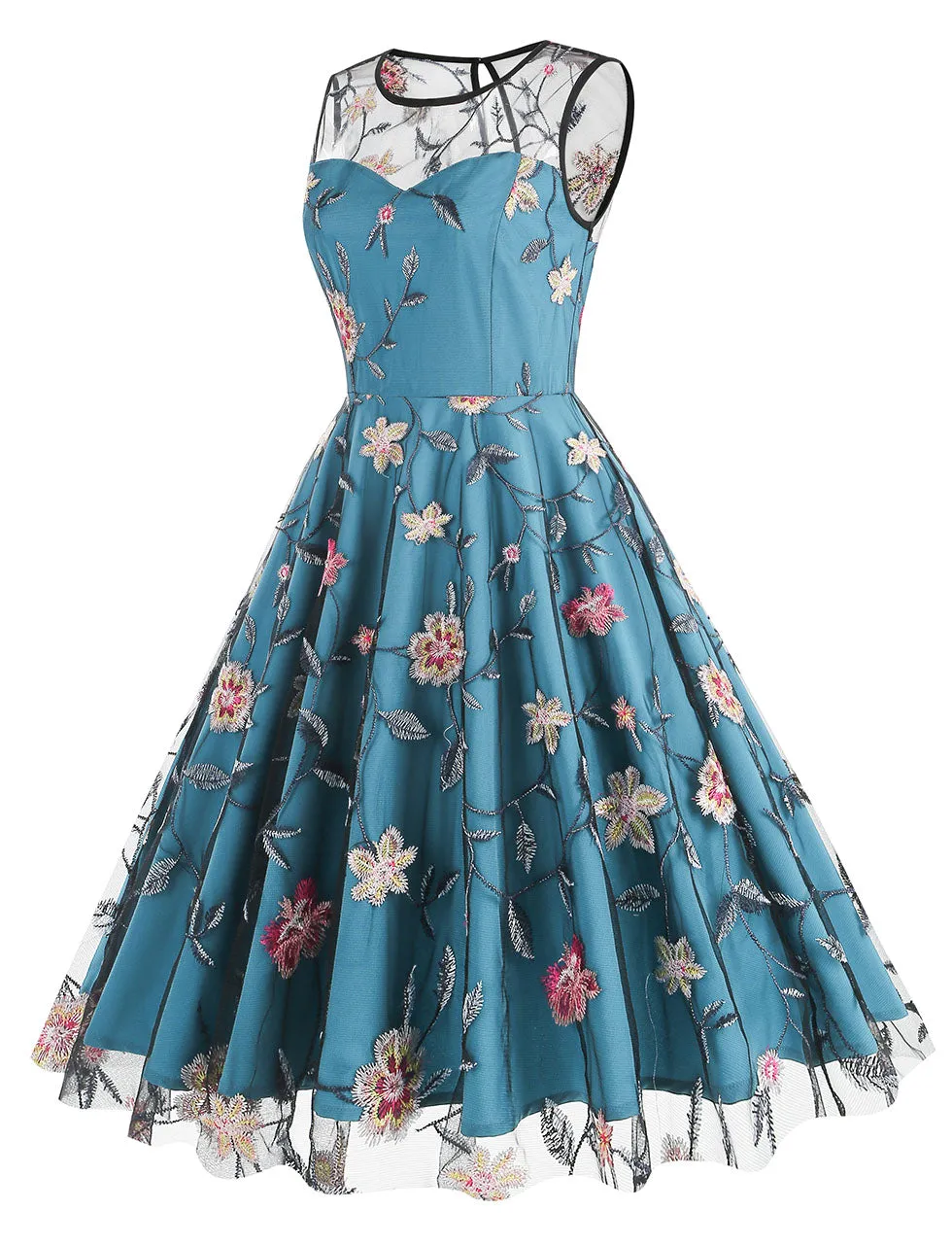 Lake Blue Semi Mesh Rose Embroidered Sleeveless 50S Swing Dress