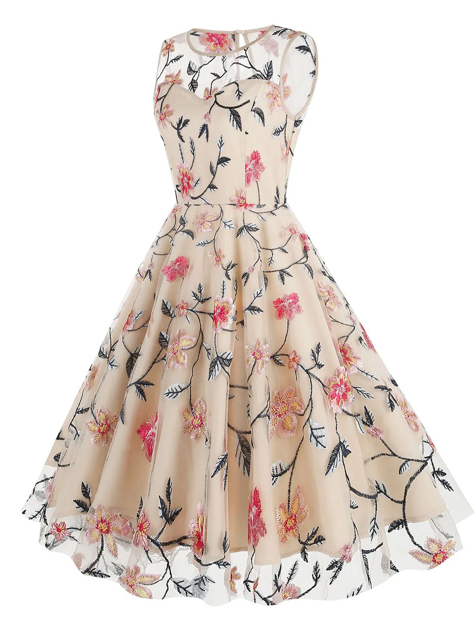 Lake Blue Semi Mesh Rose Embroidered Sleeveless 50S Swing Dress