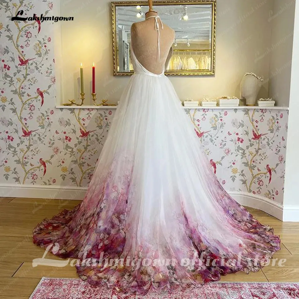 Lakshmigown Halter Neck Chiffon A Line Floral Print Wedding Dress 2023 Pleats Garden Wedding Gowns for Bridal Robe De Mariée