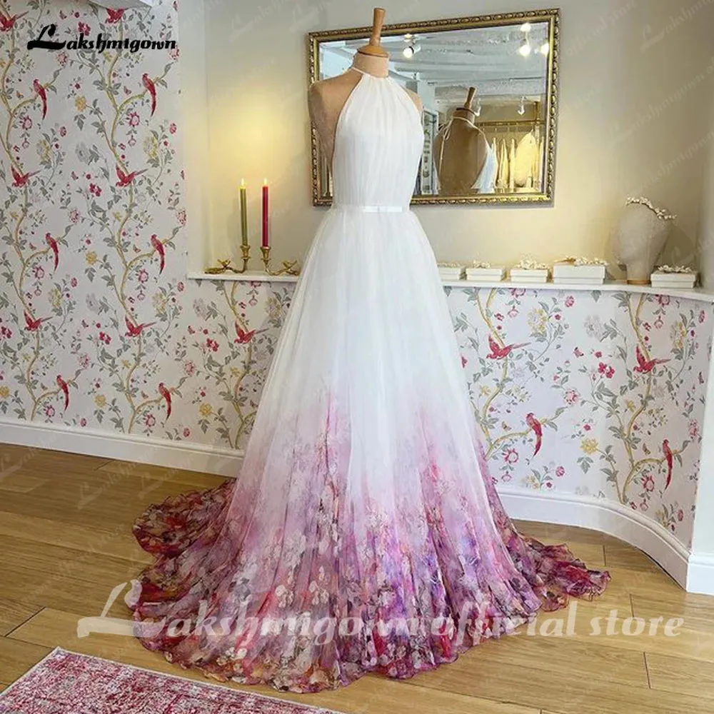 Lakshmigown Halter Neck Chiffon A Line Floral Print Wedding Dress 2023 Pleats Garden Wedding Gowns for Bridal Robe De Mariée