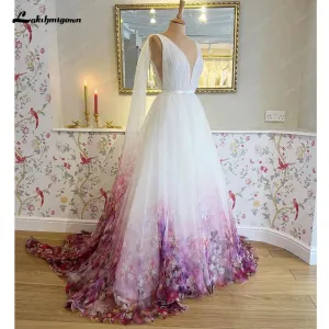 Lakshmigown Halter Neck Chiffon A Line Floral Print Wedding Dress 2023 Pleats Garden Wedding Gowns for Bridal Robe De Mariée