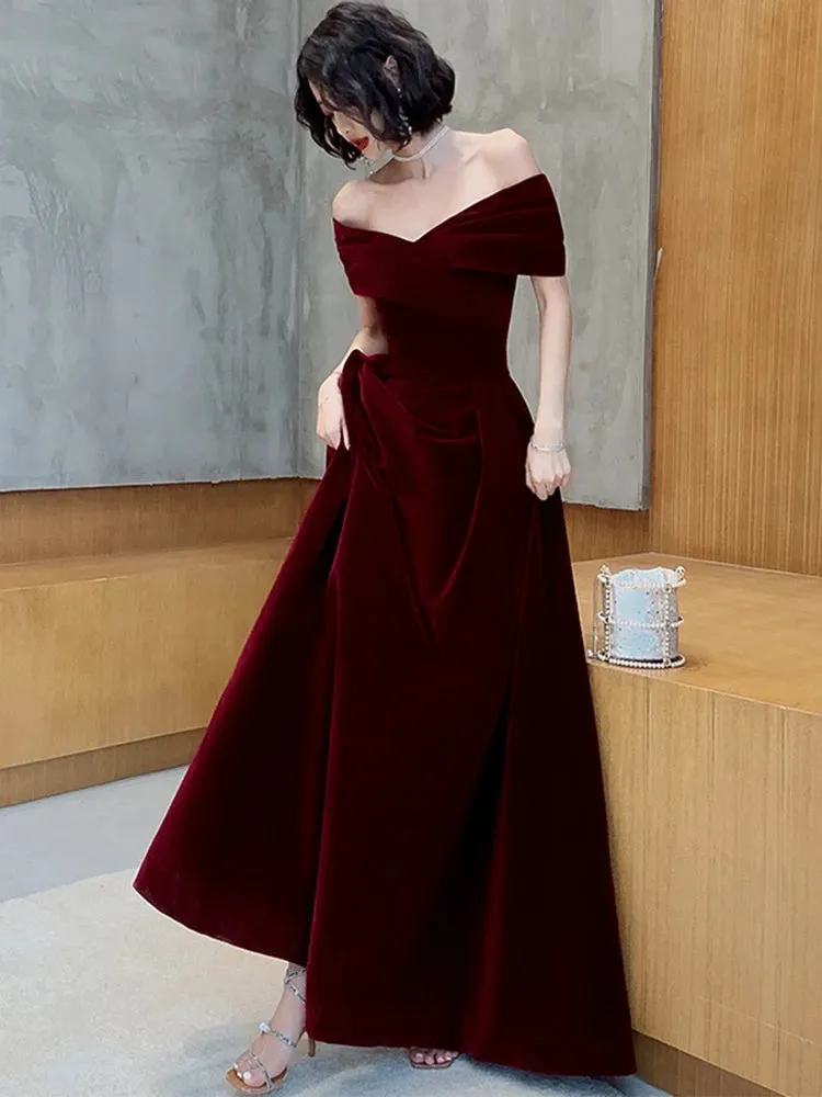 Lautaro Spring Long Luxury Elegant Wine Red Velvet Evening Dress