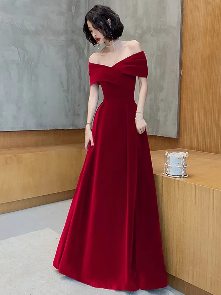 Lautaro Spring Long Luxury Elegant Wine Red Velvet Evening Dress