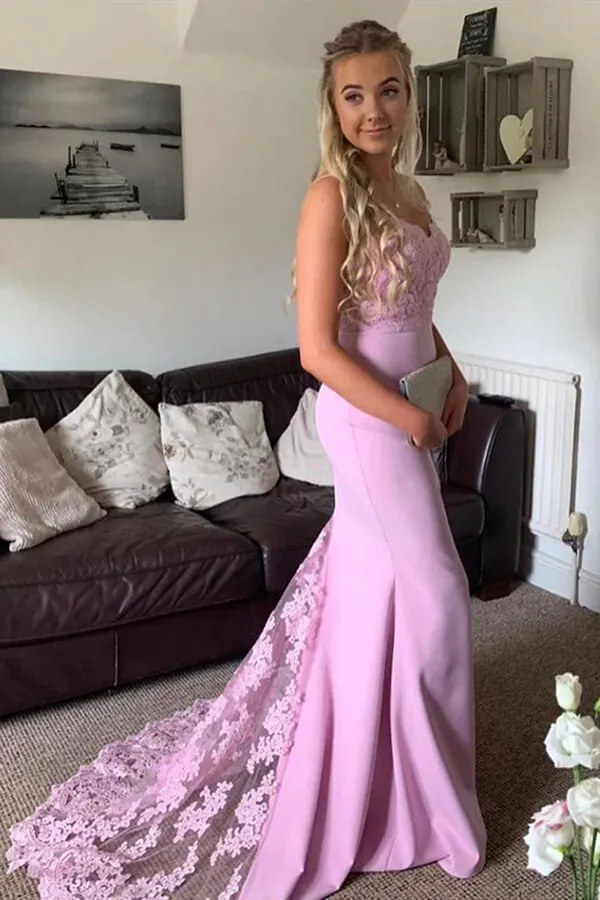Lavender Lace Mermaid Prom Dresses With Train, Lace Bridesmaid Dress, SP856