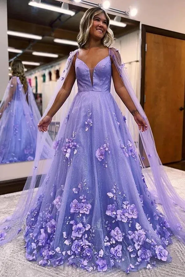 Lavender Satin A-line V-neck Long Prom Dresses With 3D Lace Flowers, MP863