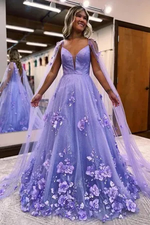 Lavender Satin A-line V-neck Long Prom Dresses With 3D Lace Flowers, MP863
