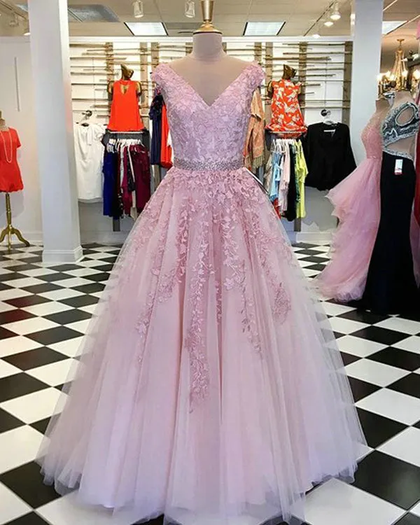 Light Blue Modest Prom Dresses with Lace V Neck Tulle Ball Gown Ruffles Party Dress 2020