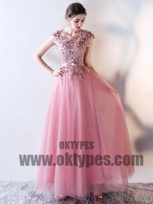 Light Pink Prom Dresses, Long Beading Prom Dresses, Appliques Prom Dresses, Jewel Prom Dresses, Open-back Prom Dresses, Lace Up Prom Dresses, TYP0071