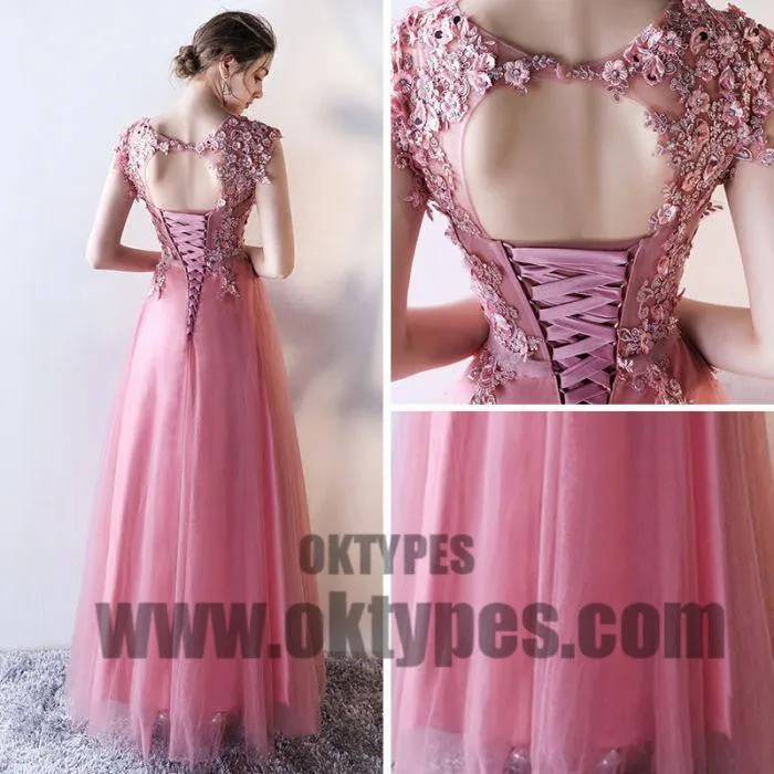 Light Pink Prom Dresses, Long Beading Prom Dresses, Appliques Prom Dresses, Jewel Prom Dresses, Open-back Prom Dresses, Lace Up Prom Dresses, TYP0071