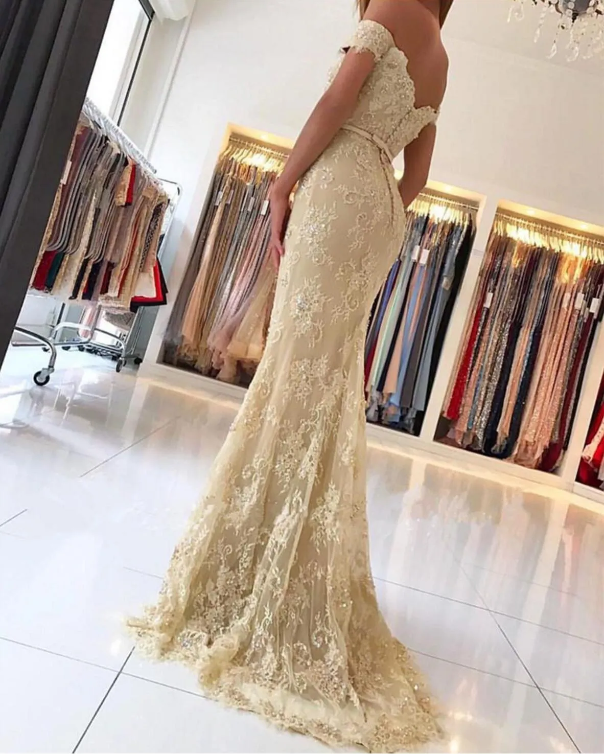 Light Yellow Long Prom Dresses, Lace Mermaid Prom Dresses, Off-shoulder Prom Dresses, Zipper Prom Dresses, Charming Prom Dresses, TYP0187