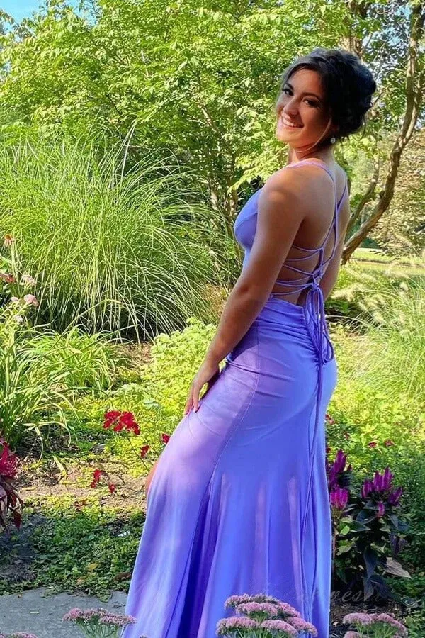 Lilac Mermaid Spaghetti Straps Floor Length Prom Dresses With Slit, MP984