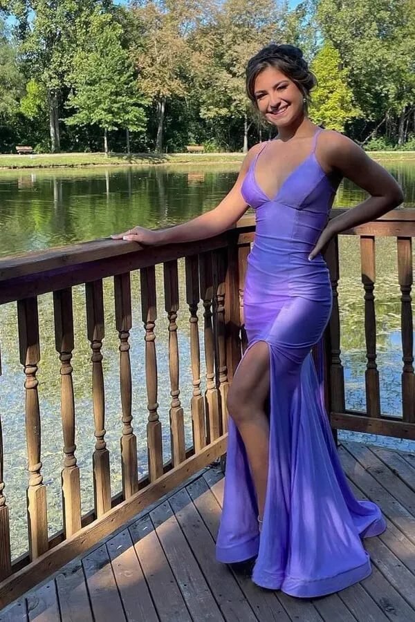 Lilac Mermaid Spaghetti Straps Floor Length Prom Dresses With Slit, MP984