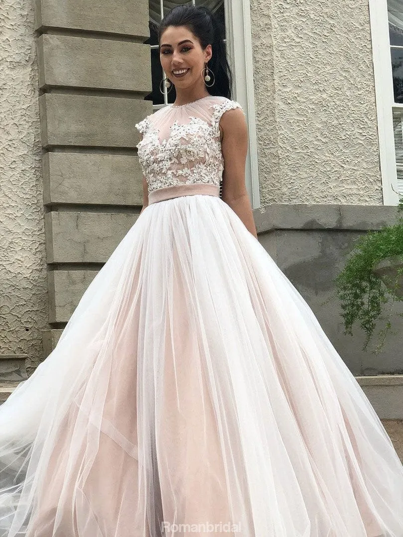 Long Beaded Tulle Ball Gowns, Lace Appliques Open Back Wedding Dresses, WD0428