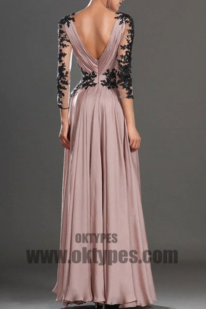 Long Pink Prom Dresses, V-neck Prom Dresses, Long Sleeve Prom Dresses, Appliques Prom Dresses, Zipper Prom Dresses, TYP0189