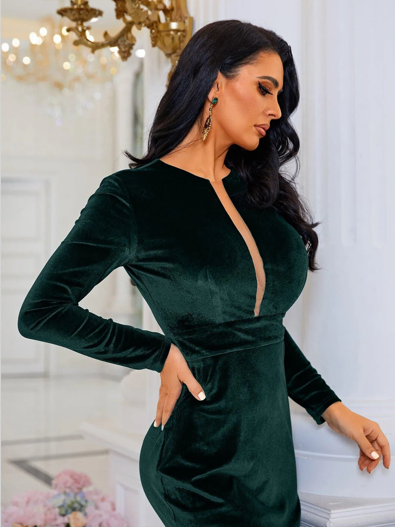 Long Sleeve Velvet Green Evening Dress XJ940